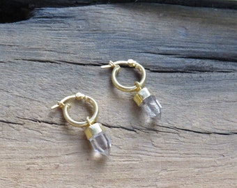 MYSTICAstore Gold Clear Quartz Hoop Earrings, Quartz Crystal Earrings, Mini Hoop Quartz Earrings, Tiny Hoops w/ crystal