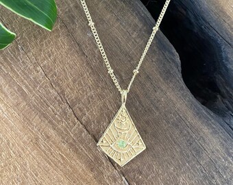 GAIA 14k Gold Vermeil sun, moon & eye necklace, Gold Celestial pendant, Gold Triangle  Necklace, Womanhood necklace, gold jewellery