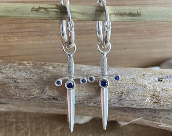 Excalibur Sword Sapphire Huggies Silver Earrings, Dagger Earrings, Sword hoop earrings, sword hoops, Sword Dangle Hoop, Dagger Drop Earrings