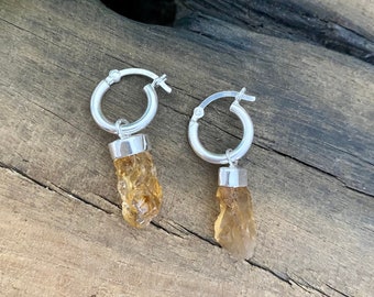 Raw Citrine Dangle Earrings, Hoops Citrine Earrings, Raw Crystal Earrings, Citrine Hoop Earrings, Leo Libra Sign Birthstone, Mysticastore