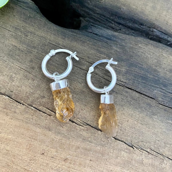 Raw Citrine Dangle Earrings, Hoops Citrine Earrings, Raw Crystal Earrings, Citrine Hoop Earrings, Leo Libra Sign Birthstone, Mysticastore