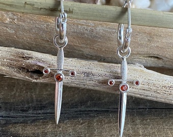 Excalibur Sword Garnet Huggies Silver Earrings, Dagger Earrings, Sword hoop earrings, sword hoops, Sword Dangle Hoop, Dagger Drop Earrings