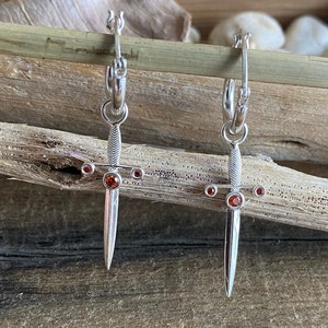 Excalibur Sword Garnet Huggies Silver Earrings, Dagger Earrings, Sword hoop earrings, sword hoops, Sword Dangle Hoop, Dagger Drop Earrings image 1