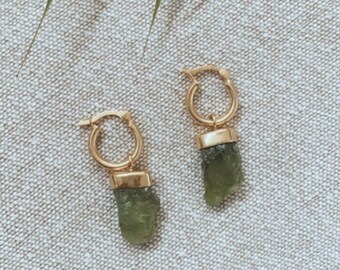 Gold Peridot Hoops, August Birthstone Raw Peridot Earrings, Peridot Jewellery, Birthday Gift Her, Green Earrings