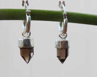 Smoky Quartz Silver Earrings, Quartz Crystal Earrings, Mini Hoop Quartz Earrings, Tiny Hoops with crystal pendant, Brown crystal earrings