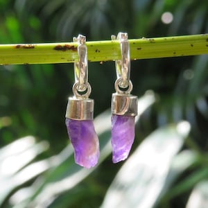 MYSTICAstore Mini Hoop Amethyst Earrings, Raw Amethyst Pendants, Silver Tiny Hoops with gemstone, Small Gift, Crystal Ear Hoops