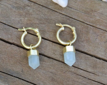 Aquamarine Gold MYSTICAstore MIni Hoop Crystal Earrings, Hoop Pointed Earrings, Tiny Hoops crystal pendant, Aquamarine Jewelry