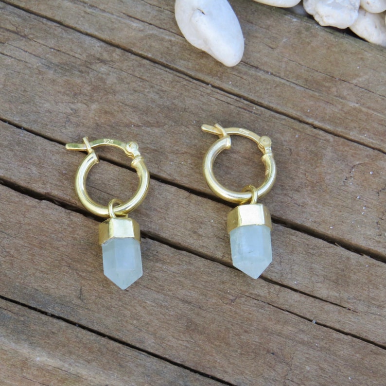 Aquamarine Gold MYSTICAstore MIni Hoop Crystal Earrings, Hoop Pointed Earrings, Tiny Hoops crystal pendant, Aquamarine Jewelry image 1