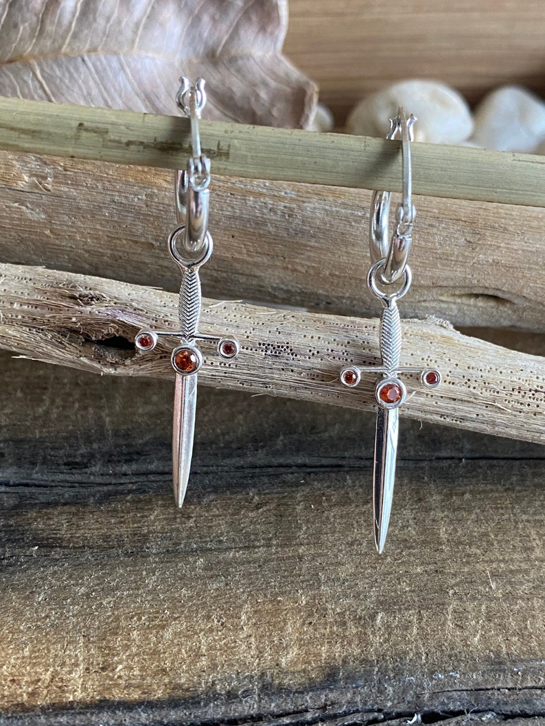 Excalibur Sword Garnet Huggies Silver Earrings, Dagger Earrings, Sword hoop earrings, sword hoops, Sword Dangle Hoop, Dagger Drop Earrings image 1