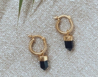 Black Onyx Pointed Gemstone Hoop Earrings / Black  Crystal Earrings,  Mini Pointed Earrings,  Hoops crystal pendant, mystica byron bay