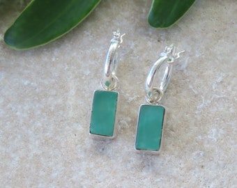 Chrysoprase Silver Earrings, Bright Green Crystal Earrings, Mini Hoop Chrysoprase Earrings, Tiny Hoops with crystal pendant, Mystica Byron