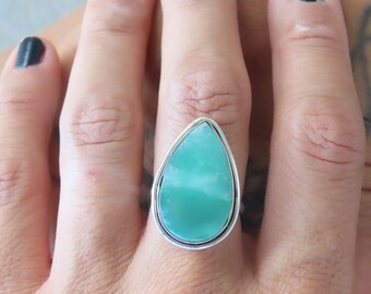 Chrysoprase Teardrop Silver Ring, Mermaid Green Ring, Jade Ring