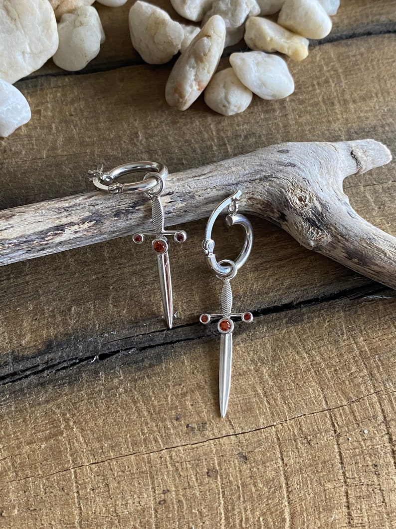 Excalibur Sword Garnet Huggies Silver Earrings, Dagger Earrings, Sword hoop earrings, sword hoops, Sword Dangle Hoop, Dagger Drop Earrings image 2