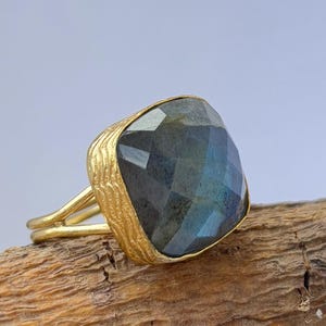Handcrafted Natural Labradorite Ring | Gold Plated Engraving Adjustable Statement Ring | Gemstone Jewelry for Women | Perfect Gift for Her