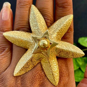 Handmade Oversized Gold Statement Ring | Adjustable Floral Star Ring | Ethnic Big Finger Ring | Boho Cocktail Ring for Women | Festival Ring