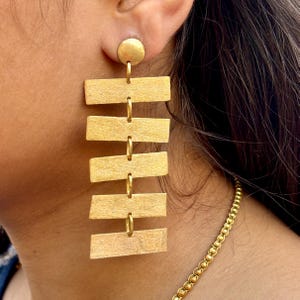 Geometric Gold Dangle Earrings | Modern Rectangle Statement Earrings | 18K Matte Gold Plated | Bold Fashion Jewelry | Trendy Gold Earrings