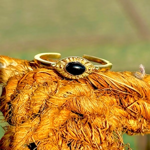 Adjustable Evil Eye Ring | Gold Black Onyx Stone Ring | Dainty Protection Jewelry | Handmade Boho Ring | Open Band Minimalist Ring for Women