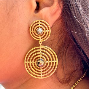Statement Geometric Dangle Earrings | Gold Spiral Circle Earrings with Natural Pyrite, Peach Moonstone Gemstone | Handmade Boho Chic Jewelry