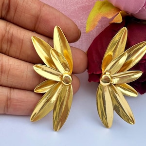 Gold Flower Petal Stud Earrings – Everyday Statement Floral Earrings – Bold Botanical Jewelry – Lightweight Festival Jewelry – Gift for Her