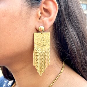 Handmade Statement Gold Dangle Earrings | Textured Geometric Drop Fringe Earrings | Boho Festival Jewelry for Women | Bold Gold Earring Gift