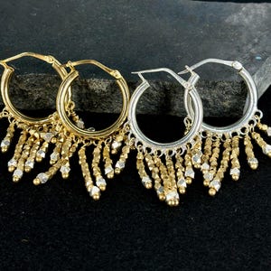 Gold and Silver Beaded Hoop Earrings – Boho Fringe Hoop Earring – Lightweight Ethnic Festival Jewelry – Statement Dangle Hoop – Gift for Her