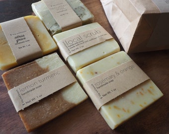 soap sampler comprised of end cuts and off cuts from recent batches of handmade soap made with carefully sourced ingredients
