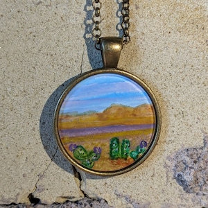 Original Watercolor Pendant, Cactus, Summer, Desert, Necklace, Mountains, Sand,   Beauty, Blue Sky, Rocks, Sunshine, Purple, Mother&#39;s Day