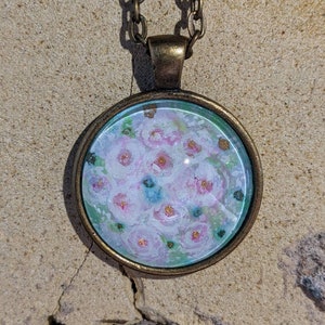 Original Watercolor/Gauche Pendant, Floral, Summer, Flowers, Necklace, Garden, Petal, Flower Garden, Fragrance, Blossoms, Pink, Mother&#39;s Day