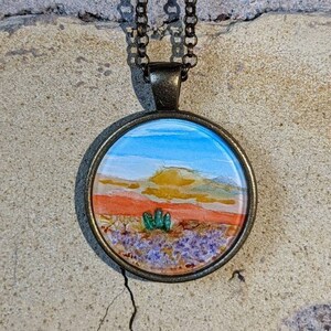 Original Watercolor Pendant, Cactus, Summer, Desert, Necklace, Mountains, Sand,  Heat, Beauty, Blue Sky, Rocks, Sunshine, Mother&#39;s Day