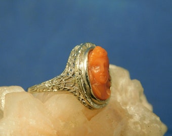 Wonderful Vintage Antique Geometric Art Deco Carved Coral Cameo Ring 10K Gold Mom Sister Wife Gift Great Gatsby Hand Italian Karat Bridal