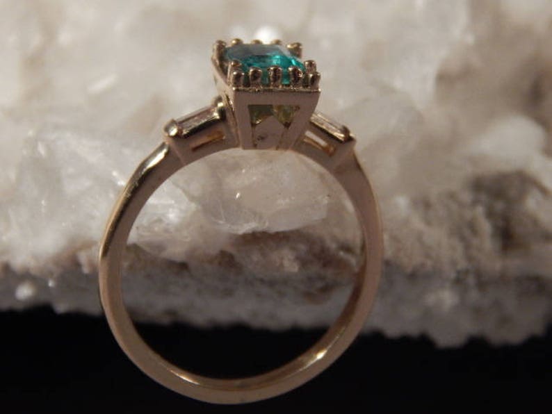 May Birthstone Ladies .61 Ct. Emerald Cut Columbian Emerald and Diamond Baguette Ring 14K Solid Yellow Gold image 3