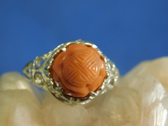 Antique 10.48 ct. Carved Pink Coral Ring Art Deco… - image 2