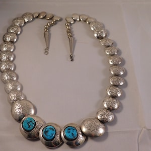 Custom Unisex Old Pawn Turquoise & Engraved Disk Necklace Silver