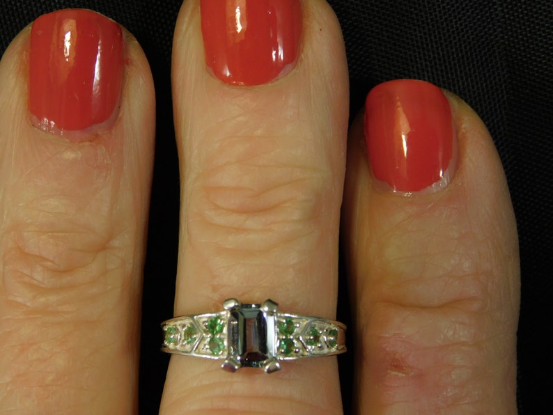 Emerald Cut Tanzanite and Tsavorite Garnet Ring Sterling Silver January Birthstone Custom .66 ct