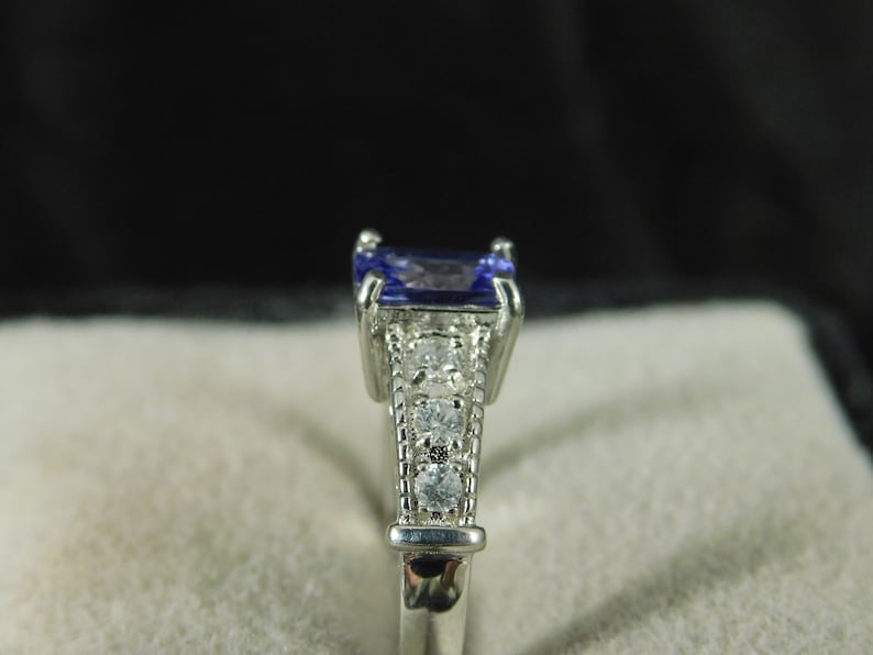Cushion Tanzanite and White Topaz Ring Mid-Century Style Sterling Silver 0.85 ct