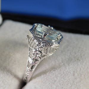 March Birthstone 1.47 ct. Emerald Cut Aquamarine 1920's Style Filigree Ring Sterling Silver image 6