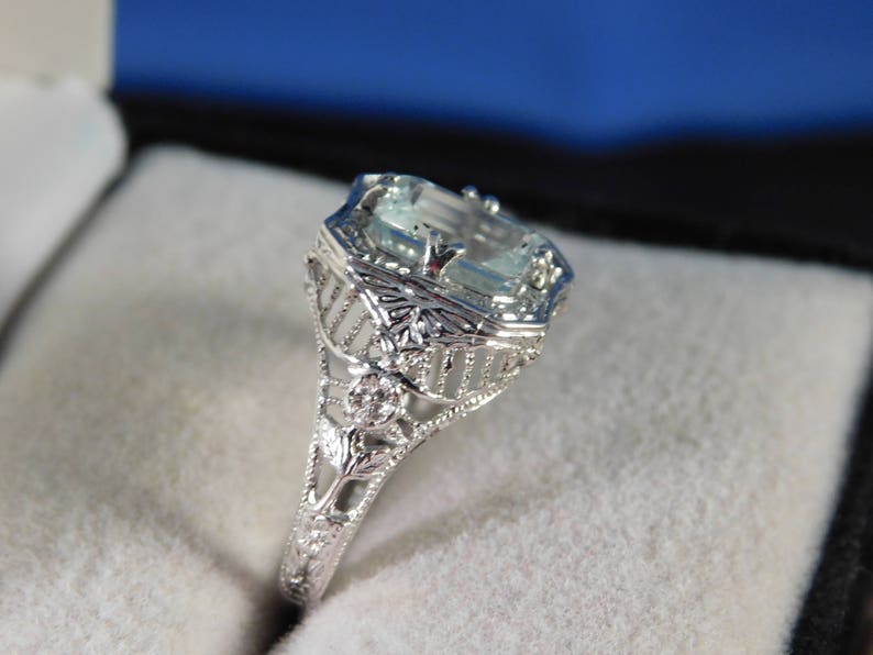 March Birthstone 1.47 ct. Emerald Cut Aquamarine 1920's Style Filigree Ring Sterling Silver image 6