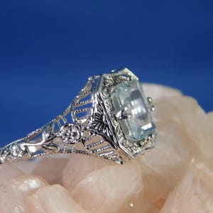 March Birthstone 1.47 ct. Emerald Cut Aquamarine 1920's Style Filigree Ring Sterling Silver image 2