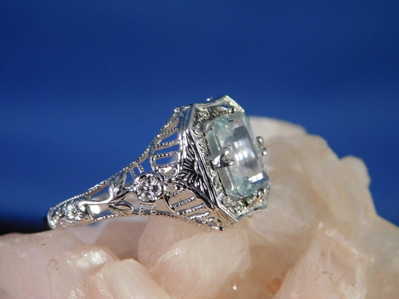 March Birthstone 1.47 ct. Emerald Cut Aquamarine 1920's Style Filigree Ring Sterling Silver image 2