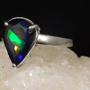 2.89 ct. Pear Faceted Black Opal Ring Simple Sterling Silver