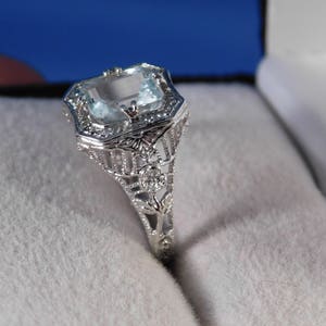 March Birthstone 1.47 ct. Emerald Cut Aquamarine 1920's Style Filigree Ring Sterling Silver image 7