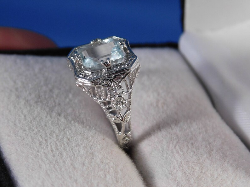 March Birthstone 1.47 ct. Emerald Cut Aquamarine 1920's Style Filigree Ring Sterling Silver image 7