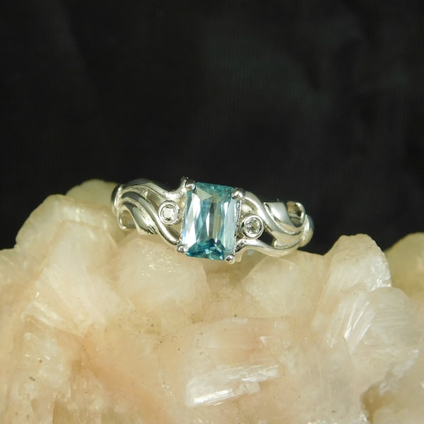 1.58 ct. Emerald Cut Cambodian Blue Zircon and White Zircon Ring Solid Sterling Silver