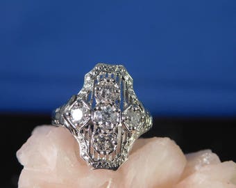 Estate Art Deco .50 Ct. Five Diamond Filigree Ring 18K White Gold