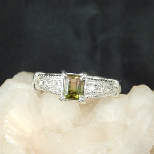 0.52 ct. Emerald Cut Watermelon Tourmaline and Diamond Ring Sterling Silver