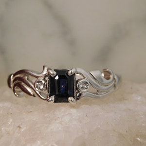 0.53 ct. Emerald Cut Blue Sapphire and White Topaz Ring Art Nouveau Style Sterling Silver