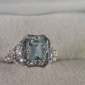 March Birthstone 1.47 ct. Emerald Cut Aquamarine 1920's Style Filigree Ring Sterling Silver image 5