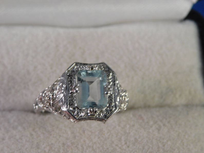 March Birthstone 1.47 ct. Emerald Cut Aquamarine 1920's Style Filigree Ring Sterling Silver image 5