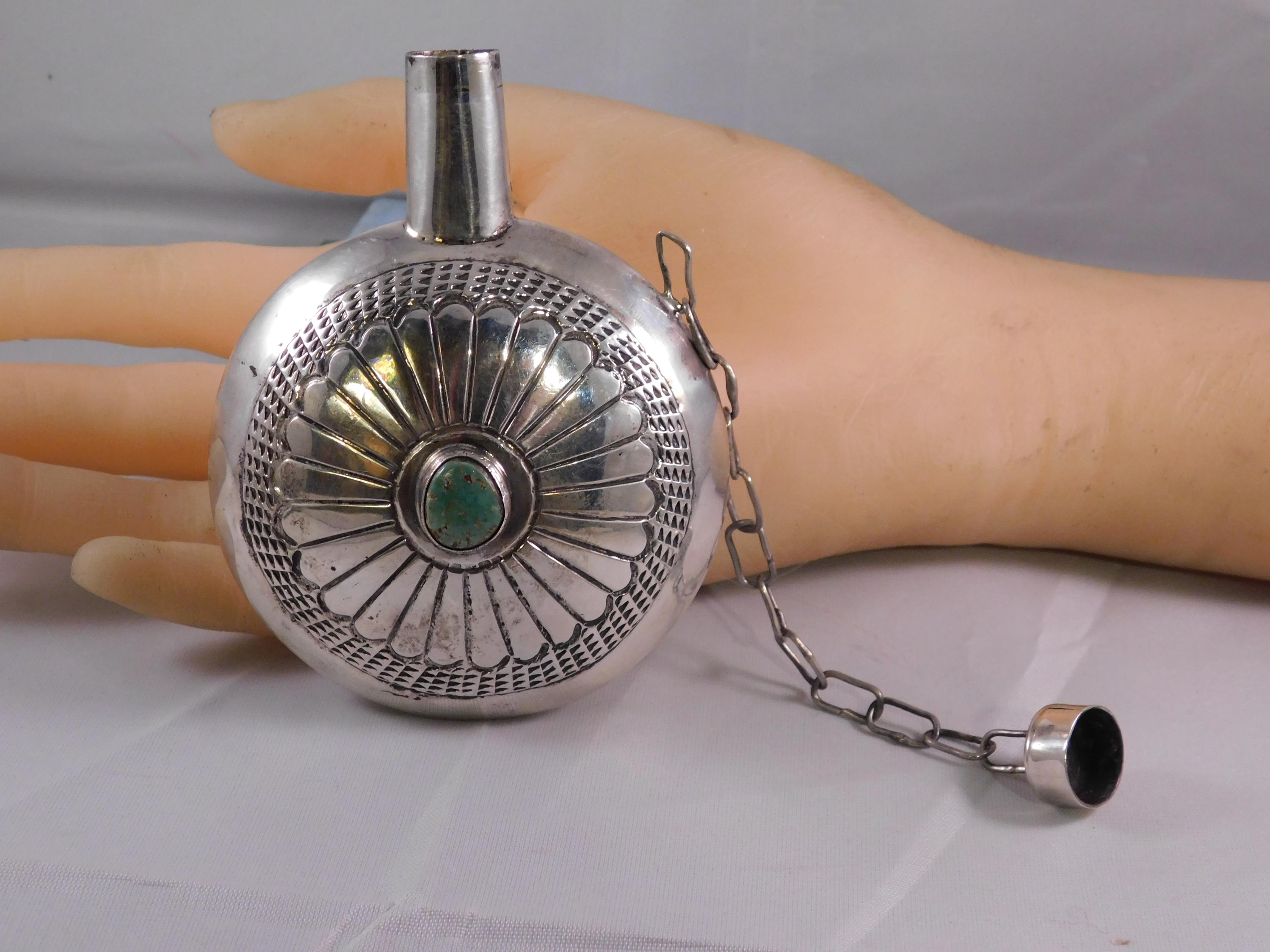 Custom Early 1900's Navajo Tobacco Flask or Canteen Silver With