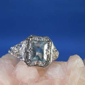 March Birthstone 1.47 ct. Emerald Cut Aquamarine 1920's Style Filigree Ring Sterling Silver